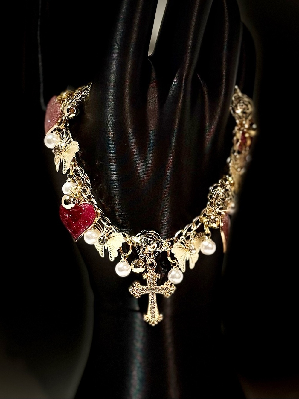 Gold Cross Charm Bracelet with Pink Hearts & Pearls